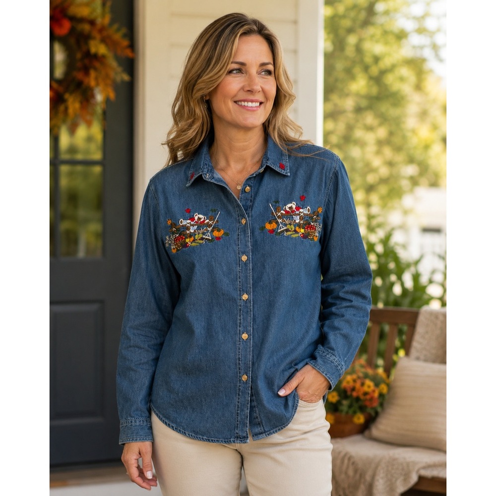 Bobbie Brooks Denim Shirt Blue Fall Harvest Teddy Bear Embroidery 14W/16W Large